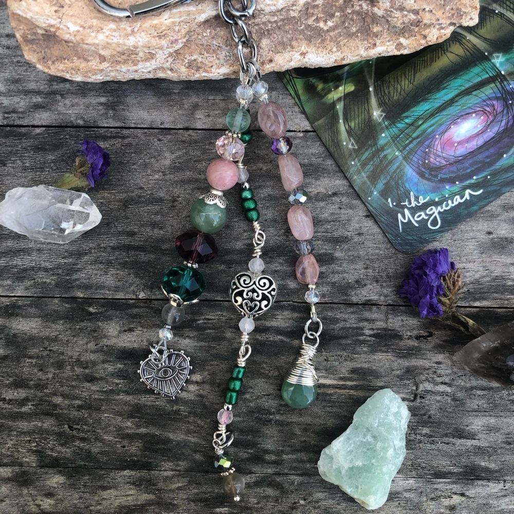 Floral Rose Quartz Aventurine Gemstone Purse Charm Keychain / Car Mirror Charm